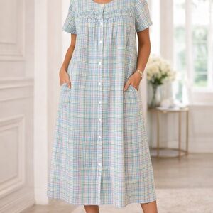 Intimate Essentials Vintage Cotton Pastel Plaid Snap Front Midi Pockets Size XL